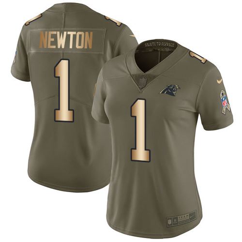 Nike Panthers #1 Cam Newton Olive/Gold Women's Stitched NFL Limited Salute to Service Jersey